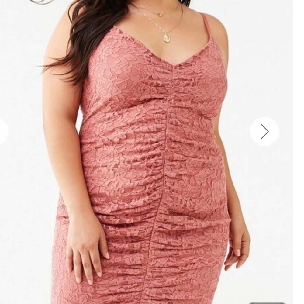 Rose colored, ruched lace mini dress